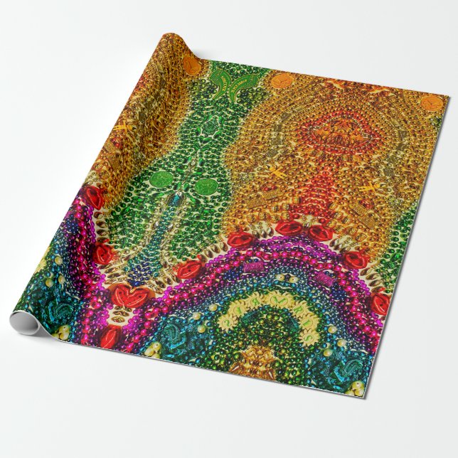 Rainbow Mardi Gras Bead Art Wrapping Paper (Unrolled)