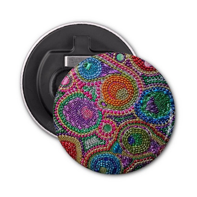 Rainbow Mardi Gras button bottle opener (Front)