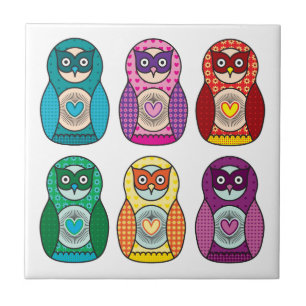 Rainbow Matryoshka Owls Ceramic Tile