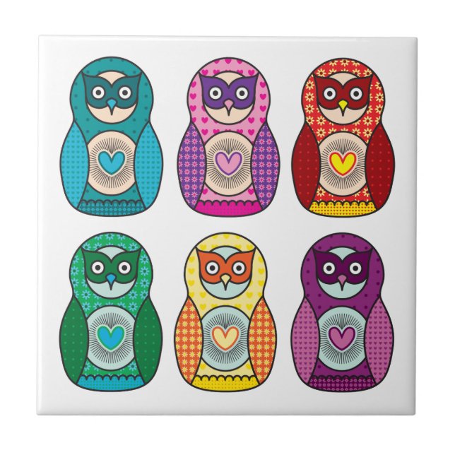 Rainbow Matryoshka Owls Ceramic Tile (Front)
