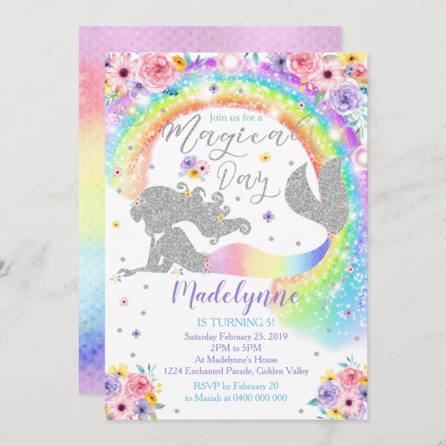 Rainbow Mermaid Invitation Silver Mermaid (Front/Back)