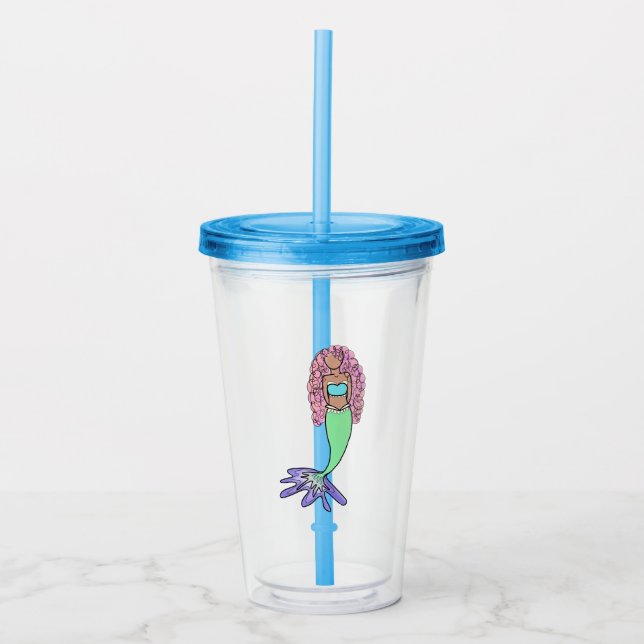 rainbow mermaid pink blue purple green black curly acrylic tumbler (Front)