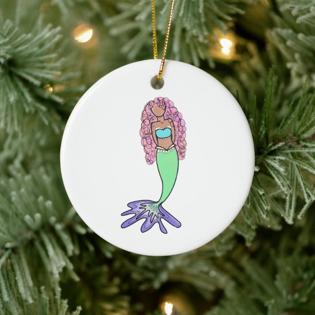 rainbow mermaid pink blue purple green black curly ceramic ornament (Tree)