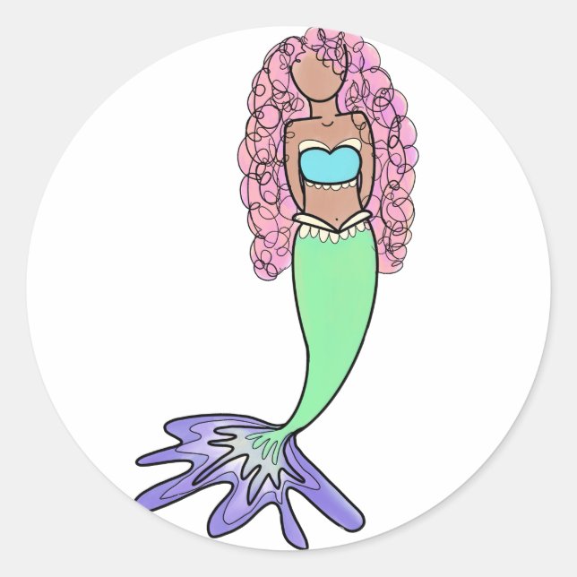 rainbow mermaid pink blue purple green black curly classic round sticker (Front)