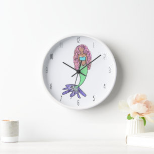 rainbow mermaid pink blue purple green black curly clock