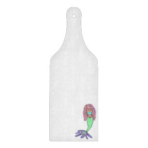 rainbow mermaid pink blue purple green black curly cutting board