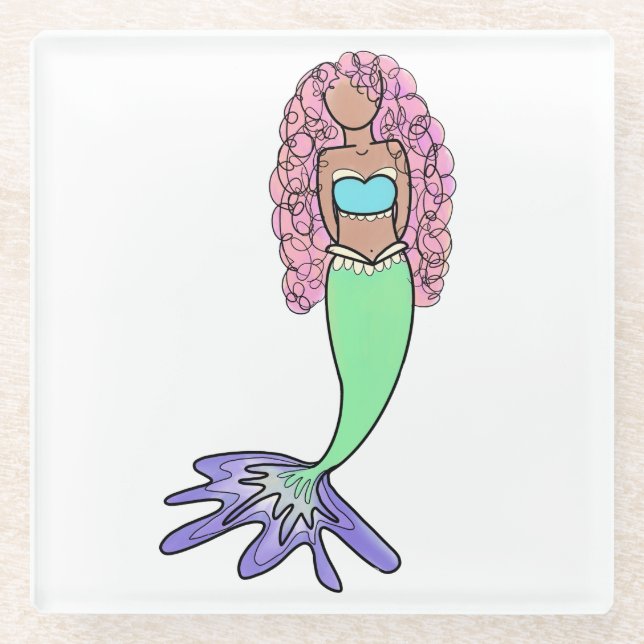 rainbow mermaid pink blue purple green black curly glass coaster (Front)