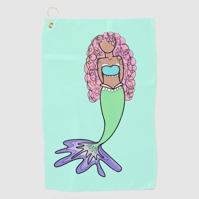 rainbow mermaid pink blue purple green black curly golf towel (Front)