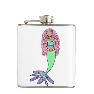 rainbow mermaid pink blue purple green black curly hip flask