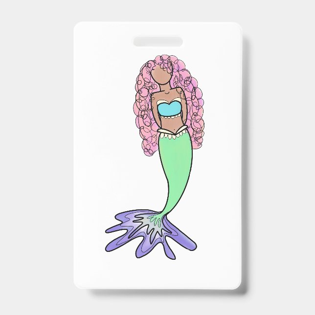 rainbow mermaid pink blue purple green black curly ID badge (Front)