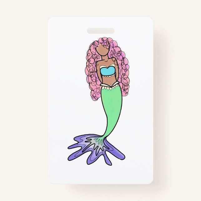 rainbow mermaid pink blue purple green black curly ID badge (Front)