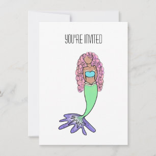 rainbow mermaid pink blue purple green black curly invitation