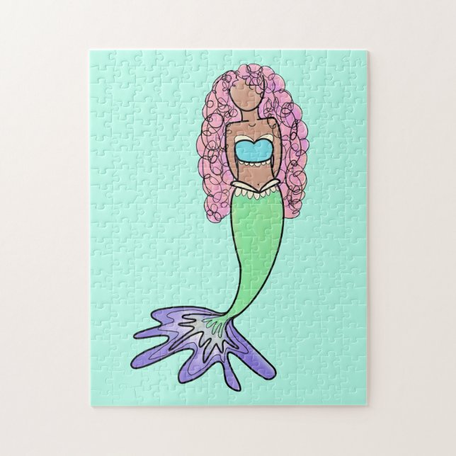 rainbow mermaid pink blue purple green black curly jigsaw puzzle (Vertical)