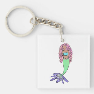 rainbow mermaid pink blue purple green black curly key ring