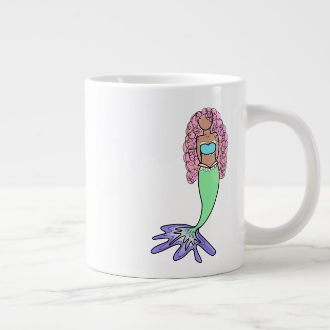rainbow mermaid pink blue purple green black curly large coffee mug (Right)
