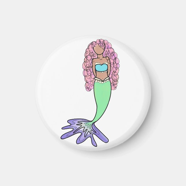 rainbow mermaid pink blue purple green black curly magnet (Front)