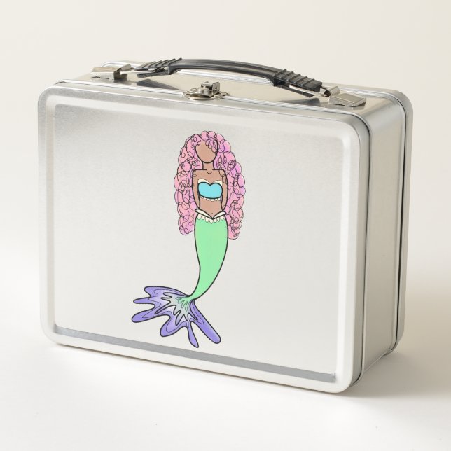 rainbow mermaid pink blue purple green black curly metal lunch box (Front)