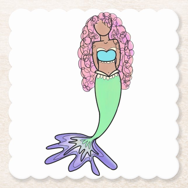 rainbow mermaid pink blue purple green black curly paper coaster (Front)
