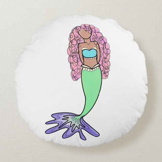rainbow mermaid pink blue purple green black curly round cushion (Front)