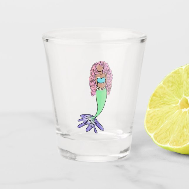 rainbow mermaid pink blue purple green black curly shot glass (Front)