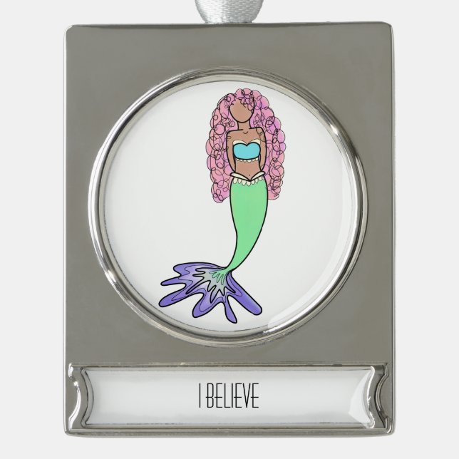 rainbow mermaid pink blue purple green black curly silver plated banner ornament (Front)