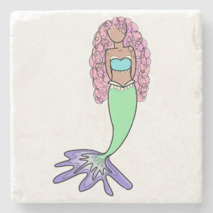 rainbow mermaid pink blue purple green black curly stone coaster