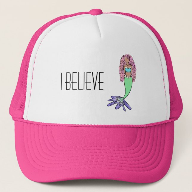 rainbow mermaid pink blue purple green black curly trucker hat (Front)