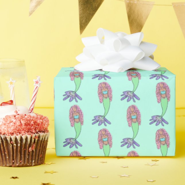rainbow mermaid pink blue purple green black curly wrapping paper (Birthday Party)