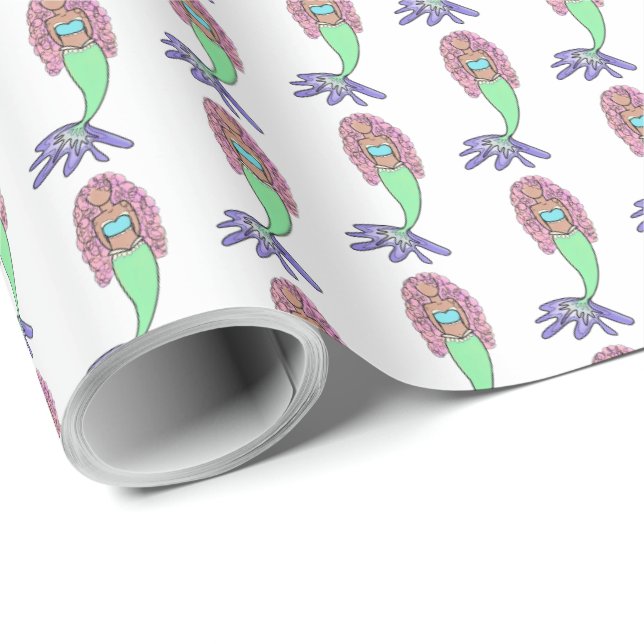 rainbow mermaid pink blue purple green black curly wrapping paper (Roll Corner)