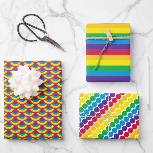 Rainbow Mermaid Scale Stripe and Dot Wrapping Paper Sheet (Front)