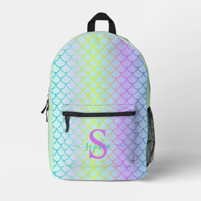 Rainbow Mermaid Scales Neon Holographic Cool Teens Printed Backpack (Front)