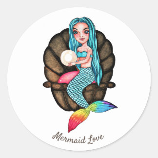 Rainbow Mermaid With Pearl In Watercolor Classic Round Sticker