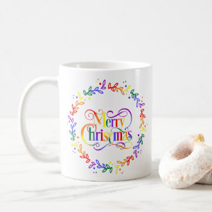 Rainbow Merry Christmas Wreath Mug
