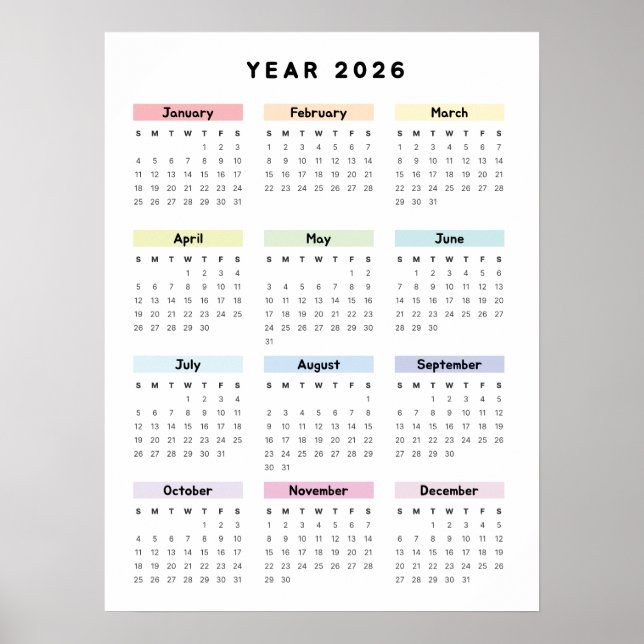 Rainbow Minimalist 2026 Calendar Poster (Front)