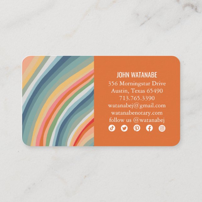 Rainbow Minimalist Stripes Handmade Blue Orange  Business Card (Back)