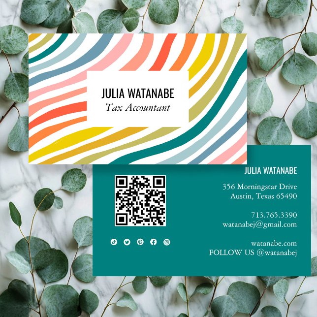 Rainbow Minimalist Stripes QR Code Social Media  Business Card (Creator Uploaded)