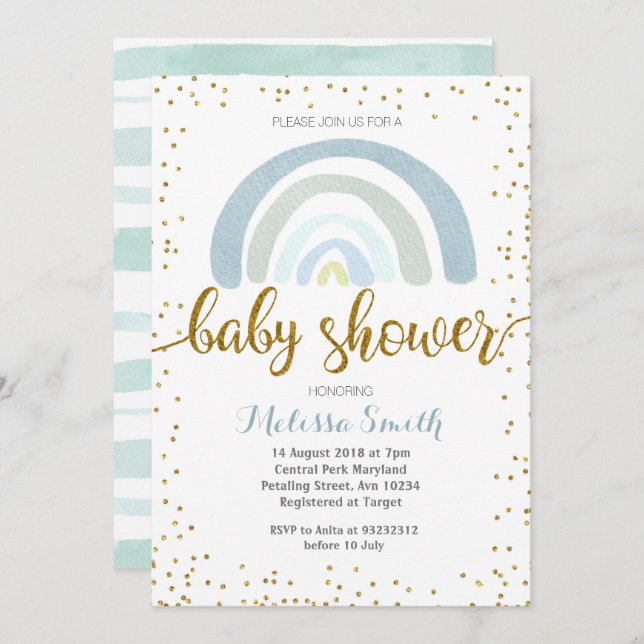 Rainbow Mint blue baby shower Invitation card boy (Front/Back)