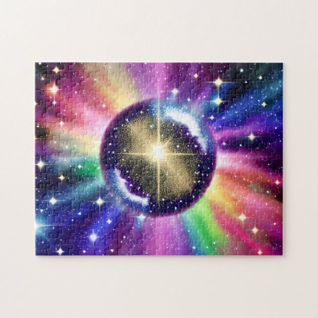 Rainbow Mirrored Disco Sphere in Outer Space Jigsaw Puzzle (Horizontal)
