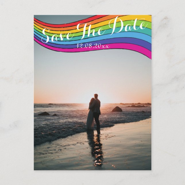 Rainbow Modern Casual Photo Wedding Save the Date Postcard (Front)