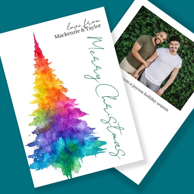 Rainbow Modern Christmas Tree Photo Personalized Holiday Card (Rainbow Modern Christmas Tree Photo Personalized Holiday Card by Ricaso. LGBT Gay pride rainbow tree)