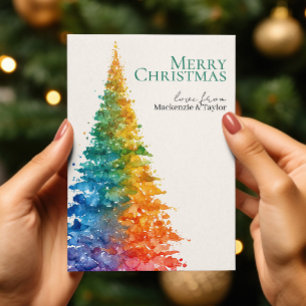Rainbow Modern Christmas Tree Photo Personalized Holiday Card