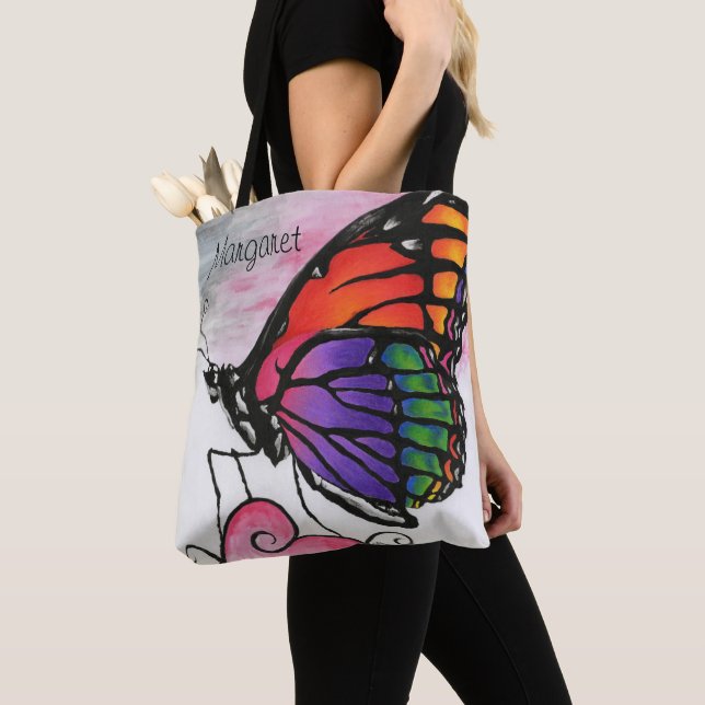 Rainbow Monarch Butterfly Colourful Fantasy Art Tote Bag (Close Up)