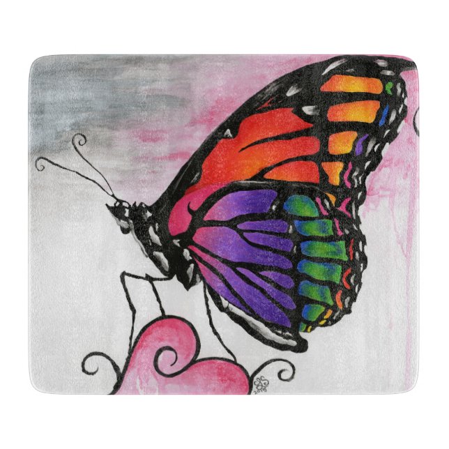 Rainbow Monarch Butterfly Original Fantasy Art Cutting Board (Front)