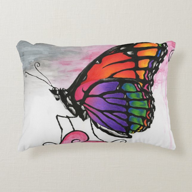 Rainbow Monarch Butterfly Original Fantasy Art Decorative Cushion (Front)
