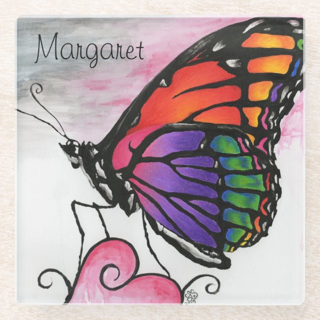 Rainbow Monarch Butterfly Original Fantasy Art Glass Coaster (Front)
