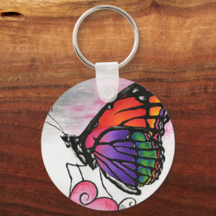 Rainbow Monarch Butterfly Original Fantasy Art Key Ring