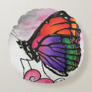 Rainbow Monarch Butterfly Original Fantasy Art Round Cushion