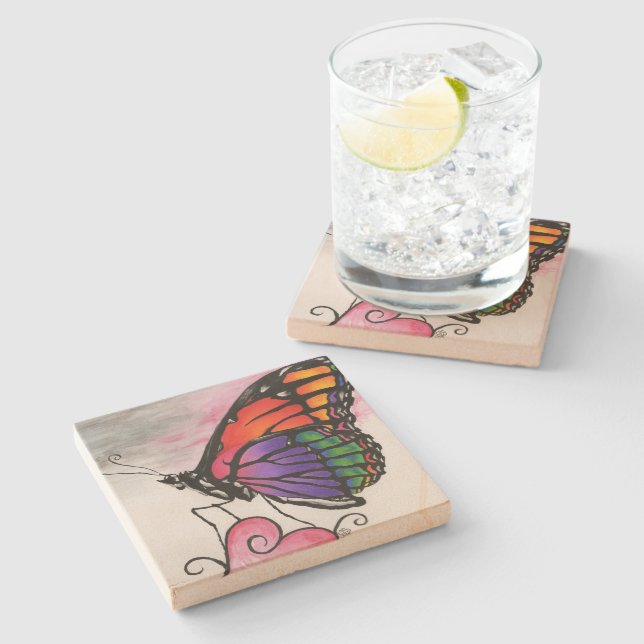 Rainbow Monarch Butterfly Original Fantasy Art Stone Coaster (Side)