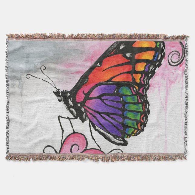 Rainbow Monarch Butterfly Original Fantasy Art Throw Blanket (Front)