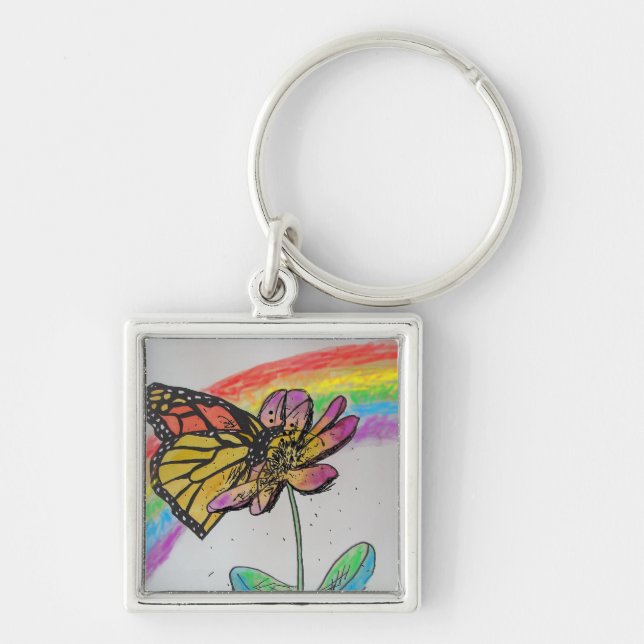 Rainbow Monarch Butterfly Painting Keyring (Front)